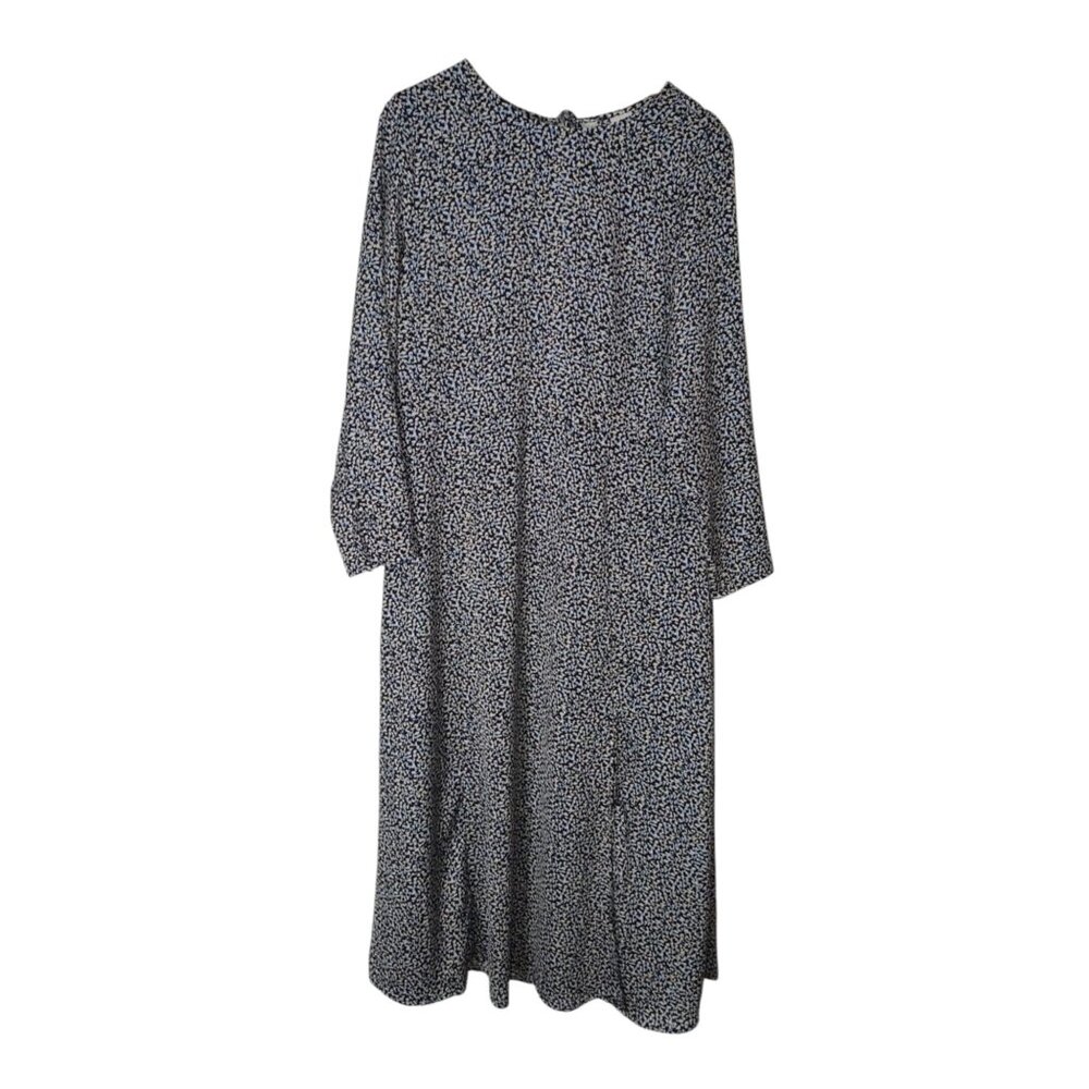 H&M Women's M Blue Ditsy Print Long Sleeve Crinkle Font‎ Split Midi Tea Dress